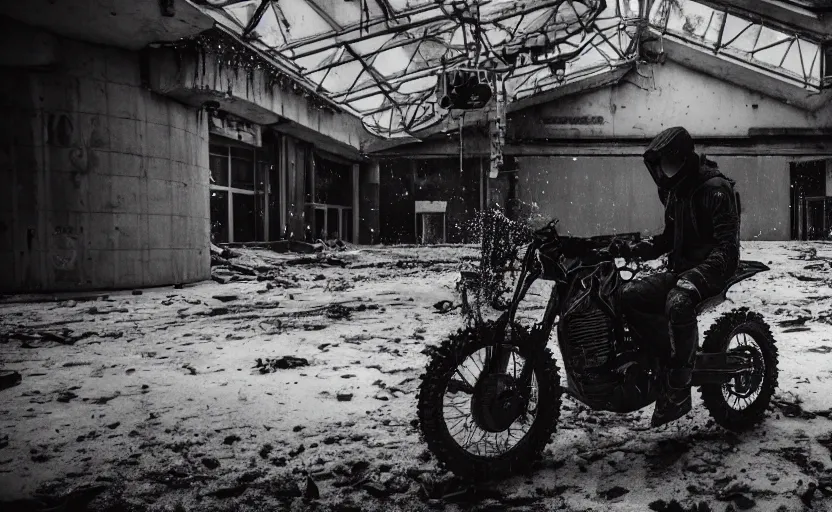 Prompt: cinestill 5 0 d candid photographic portrait by helen levitt of britt lower wearing rugged black mesh techwear on a dirtbike through an abandoned mall, extreme closeup, modern cyberpunk moody emotional cinematic, snow storm, 8 k, hd, high resolution, 3 5 mm, f / 3 2, ultra realistic faces, ex machina