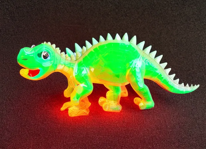 Image similar to photo of a translucent clear pixar 3 d style baby dinosaur stegosaurus, with symmetrical head and eyes, made out of clear plastic, but has red hypercolor glowing electric energy inside its body, and electricity flowing around the body. in the forest.. highly detailed. intricate design by pixar