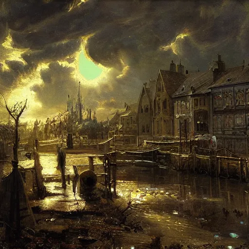Image similar to painting hr giger tent in a landscape, mercedes in a pond, floral ornaments light beams night, street lights, andreas achenbach