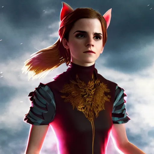 Image similar to dressed emma watson as a catgirl, cinematic, insanely detail, artstation, 8 k, futuristic, phantasy, genshin impact screenshot