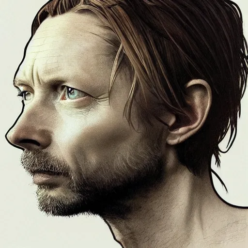 Image similar to hyper realistic, variations portrait of smooth old thom yorke hairless, strong variations singer songwriter, ( side ) profile, liminal space, by lee bermejo, alphonse mucha and greg rutkowski, no beard, smooth face