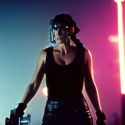 Prompt: jennifer connelly starring in a cyberpunk movie in a distopic futuristic city in the style of bladerunner, wearing a cropped black tank top, black shorts and black boots, firing a gun, muzzle flash, movie still, highly detailed, rainy night, volumetric lights, dramatic, scifi, sharp focus
