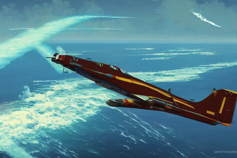 Prompt: dieselpunk digital illustration of a rocket ekranoplan low across a tropical gulf by makoto shinkai, ilya kuvshinov, lois van baarle, rossdraws, basquiat