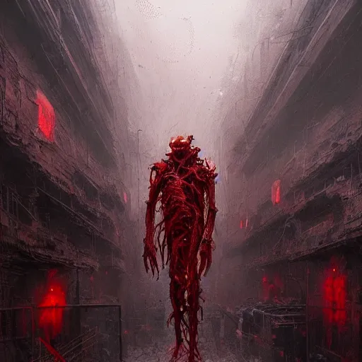 Image similar to concept art by greg rutkowski, a huge, hideous monster made of twisted flesh and reddish ooze, claustrophobic and futuristic, brutalistic environment, scifi, detailed and intricate environment, high technology, highly detailed portrait, digital painting, artstation, concept art, smooth, sharp foccus ilustration, artstation hq.