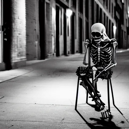 Prompt: a skeleton in a hoodie sitting on the street smoking a cigarette at night