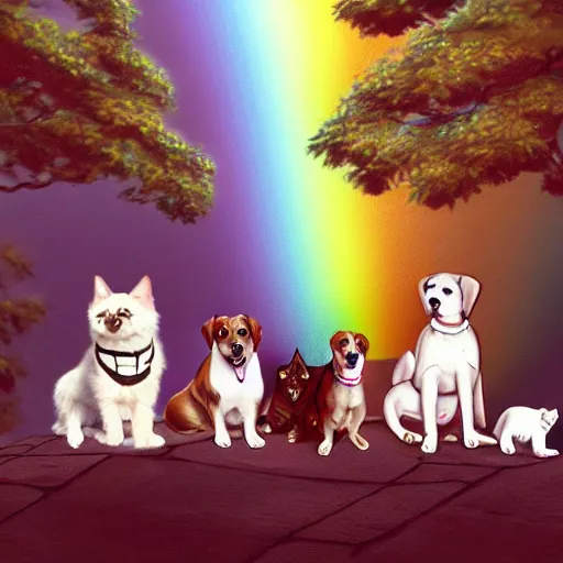 Prompt: a group of pet dogs and cats waiting patiently at the entrance to a glorious and heavenly rainbow bridge, beautiful art, artstation