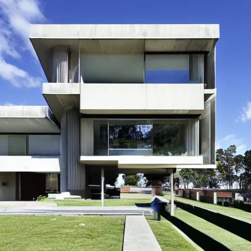 Image similar to second story elevated white brutalist home perched atop 2 equidistant separated large piers, double cantilevered design, large windows, elegant, white stone, proportion, golden ratio, epic composition, steel window mullions, cars parked underneath