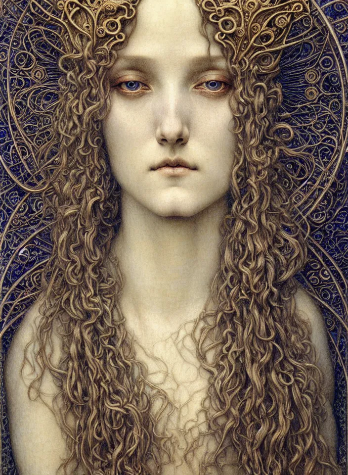 Image similar to detailed realistic beautiful young medieval queen face portrait by jean delville, gustave dore and marco mazzoni, art nouveau, symbolist, visionary, gothic, pre - raphaelite. horizontal symmetry