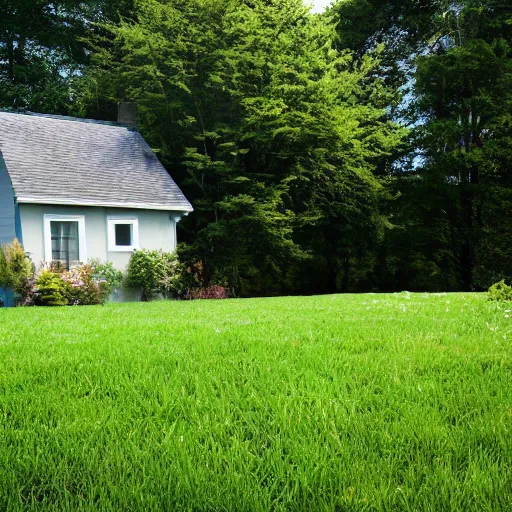 Prompt: A beautiful Cottage, with a lush grass lawn, featuring a tree