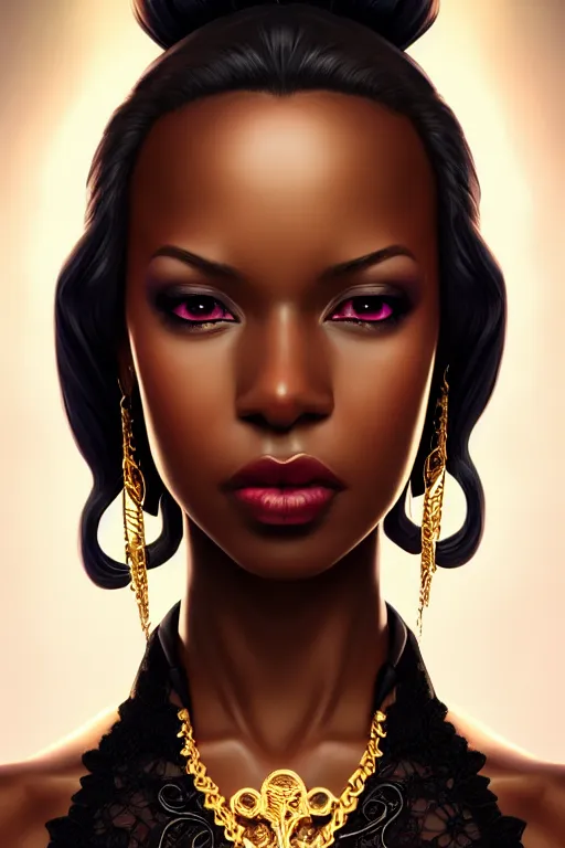 Prompt: portrait of a sexy young black super girl, velvet with lace gown, highly detailed and rendered gold jewelry, digital art, intricate, sharp focus, white eyes, trending on artstation, hq, unreal engine 5, 4 k uhd image, by brom, artgerm, face by otto schmidt
