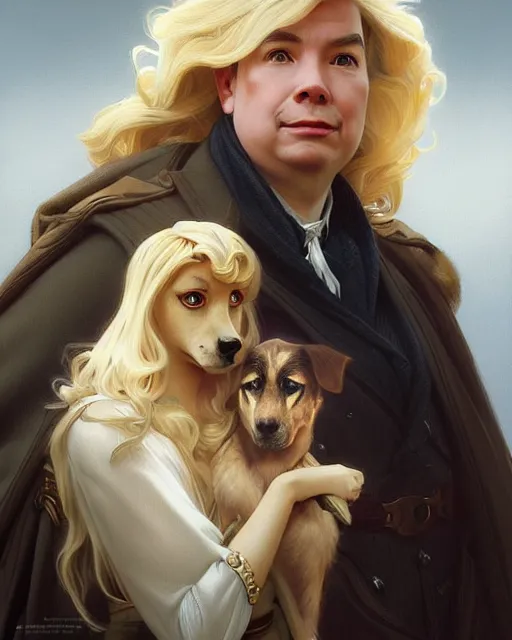 Image similar to Portrait of a  blonde lady and Michael mcintyre with Dogtanian, intricate, elegant, highly detailed, artstation, concept art, smooth, sharp focus, art by artgerm and greg rutkowski and alphonse mucha