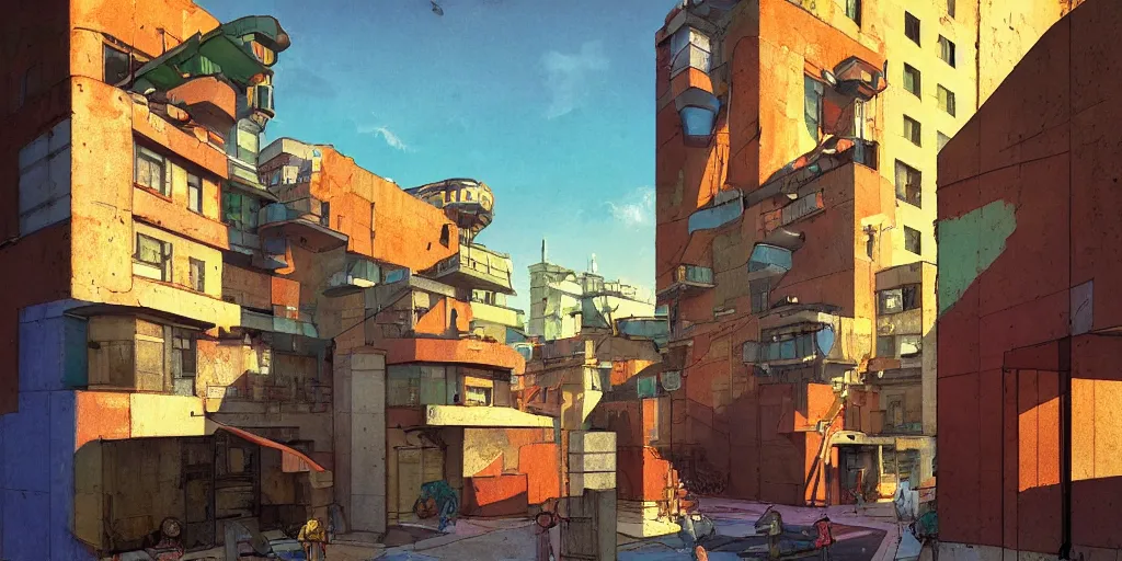 Image similar to neo brutralism, concrete housing, an archway, concept art, colorful, vivid colors, sunshine, light, shadows, reflections, oilpainting, cinematic, 3D, in the style of Akihiko Yoshida and Edward Hopper