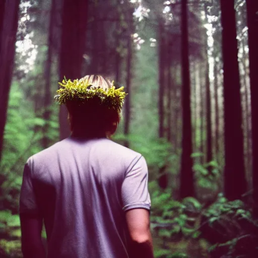 Image similar to kodak portra 4 0 0 photograph of a skinny blonde guy standing in dark forest with fireflies in the air, back view, flower crown, moody lighting, telephoto, 9 0 s vibe, blurry background, vaporwave colors, faded!,