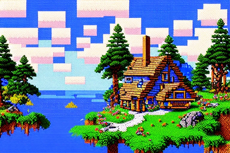 Image similar to view of a cottage above an azure lake, beautiful detailed pixelart by albertov in the style of quest for glory iii, intricate details, beautiful, dithered, gradients, volumetric lighting, cgsociety, artstation, 2 d