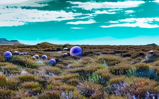 Prompt: Alien planet with weird unknown plants, POV looking far in the distance, rings stretch across horizon, landscape photography 4k