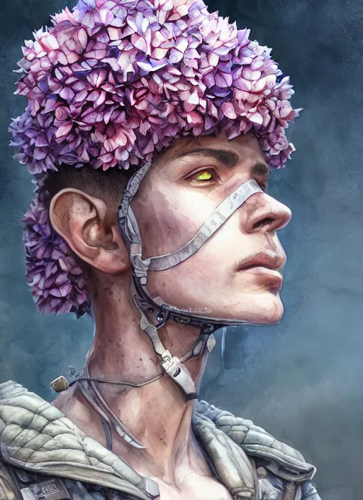 Prompt: handmade character portrait of an american soldier covered in amaratyllis, hydrangea, chrysanthemum and hyacinth, in the style of artgerm and enki bilal and bastien lecouffe - deharme, wlop, line art, watercolor, cinematic lighting, hyperdetailed, hyperrealistic