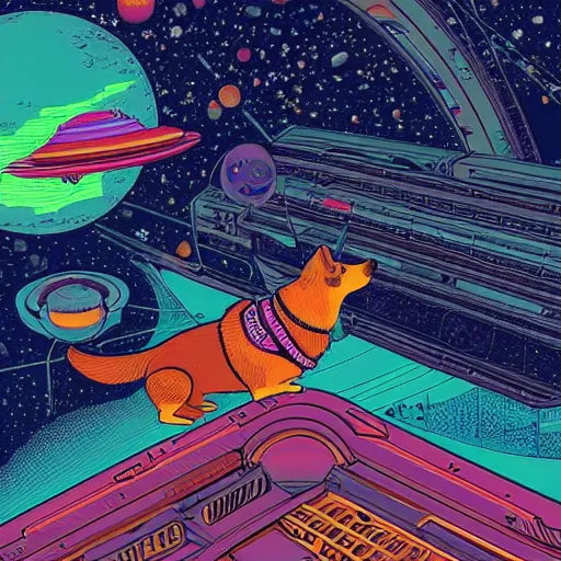 Prompt: corgi in space, maximalist, futuristic, beautiful, stunning, extremely detailed illustration by kilian eng and moebius