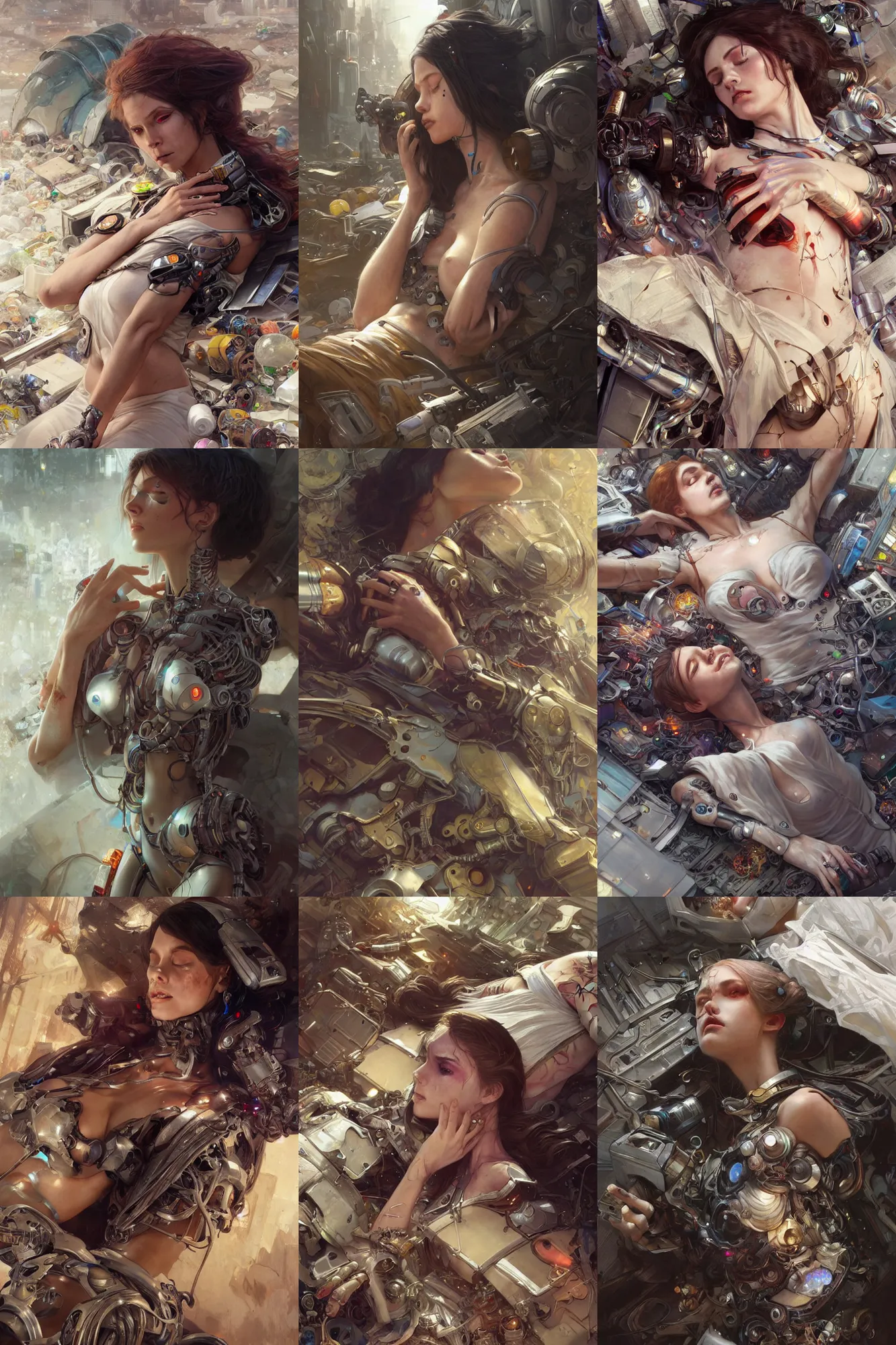 Prompt: Ultra realistic, dead cyborg woman lying among the garbage + beautiful face, cyberpunk, sci-fi, fantasy, intricate, elegant, highly detailed, digital painting, artstation, concept art, smooth, sharp focus, illustration, art by artgerm and greg rutkowski and alphonse mucha