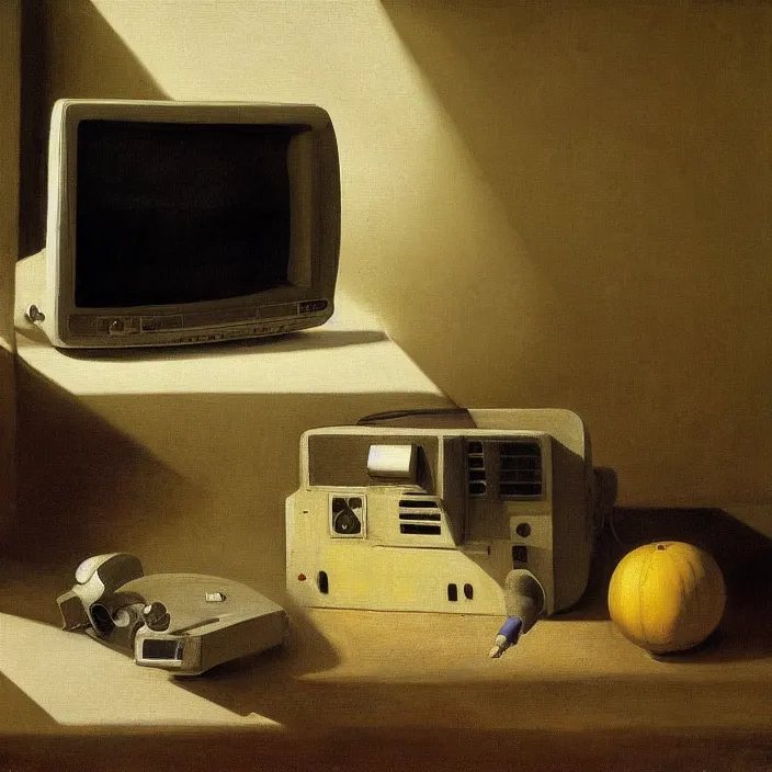 Image similar to still life painting of an old crt monitor running windows xp by pieter claesz, oil on canvas, strong lighting, highly detailed, hyper realism, golden hour, god rays, hd, 4 k