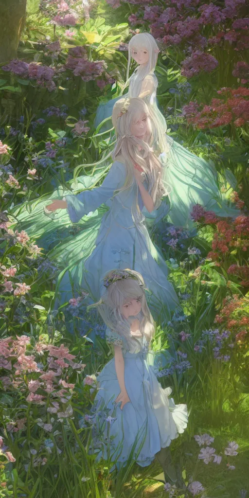 Image similar to a digital art of a loli with long hair in a dress in the privet garden at after noon, green and warm theme, mediumslateblue flowers, low angle, back lighting, by krenz cushart and mucha and akihito yoshida and greg rutkowski, highly detailed, 4 k resolution, trending on art station