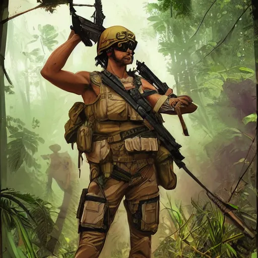 Image similar to american commandos patrolling south american jungle, in the style of artgerm and greg rutkowski and alphonse mucha