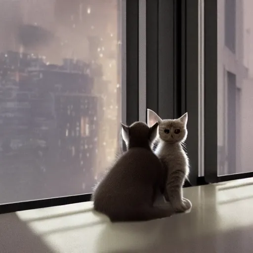 Image similar to Big european shorthair cat and small fluffy kitten from the back in the apartment room looking to window in a cyberpunk city, soft god rays from city lights outside the window, unreal engine 5, soft neon atmosphere, photorealistic, soothing colors, somber melancholic matte painting, hyperrealism, hyperrealistic, cinematic masterpiece, cyberpunk style 8k ultrahd octane render