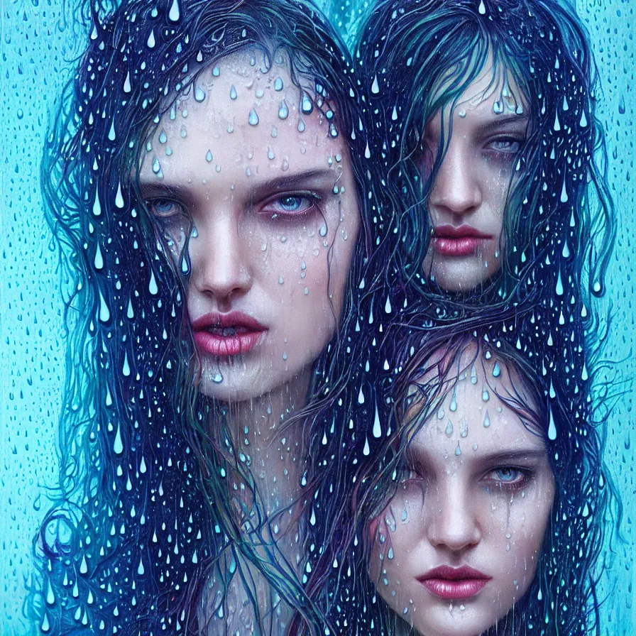 Image similar to bright asthetic portrait of LSD in rain with wet hair and face, liquid, fantasy, intricate, elegant, dramatic lighting, highly detailed, lifelike, photorealistic, digital painting, artstation, illustration, concept art, smooth, sharp focus, art by John Collier and Albert Aublet and Krenz Cushart and Artem Demura and Alphonse Mucha