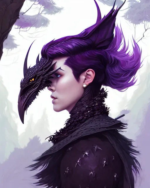 Prompt: side portrait crow, adventurer outfit large cloak, fantasy forest landscape, dragon scales, fantasy magic, undercut hairstyle, short purple black fade hair, dark light night, intricate, elegant, sharp focus, illustration, highly detailed, digital painting, concept art, matte, art by WLOP and Artgerm and Greg Rutkowski and Alphonse Mucha, masterpiece