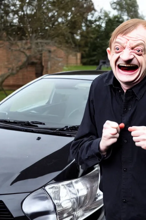 Image similar to Mark E Smith laughing at a Toyota Yaris car