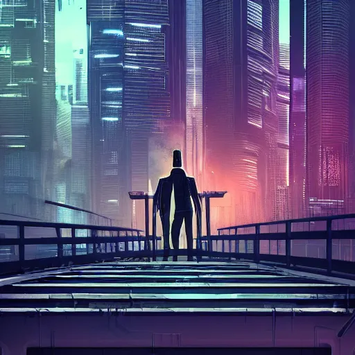 Image similar to a man standing on top of a bridge over a city, cyberpunk art by Vincent Lefevre, behance contest winner, altermodern, cityscape, synthwave, matte painting