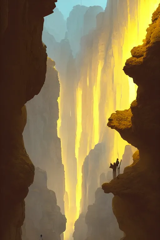 Image similar to monks and ancient temple glowing yellow, narrow canyon, light streaks in the sky, dramatic lighting, artstation, matte painting, ralph mcquarrie, simon stalenhag