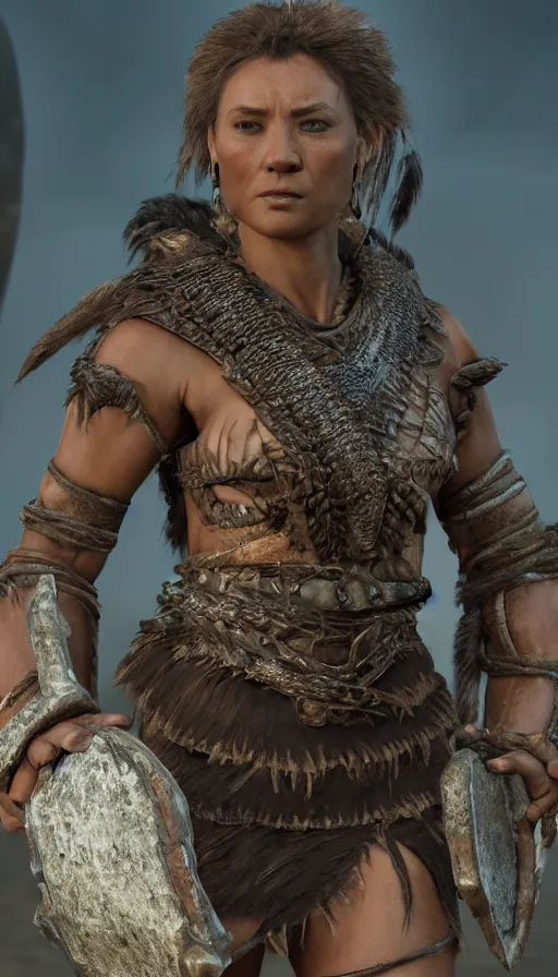 Image similar to sweated ancient princess tribewoman ready to fight, partially destroyed armor inspired monster hunter, low shot camera, muscular, symmetrical face, clean face, subtle make up, dramatic lighting, cinematic, establishing shot, extremely high detail, photorealistic, 300 the movie,monster hunter the movie, dune the movie, cinematic lighting, artstation, octane render, western,old photo, vintage, dust and destruction happening around her, freeze time