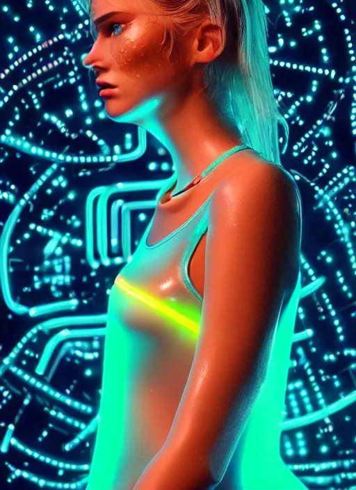 Image similar to a beautiful female humanoid with freckles cheeks, cyber neon lighting, retro futurism, intricate futuristic jewelry, retro futuristic glossy latex bikini, transparent plastic sleeveless vest, profile posing, hyper photorealistic, crispy quality, digital photography, trending in artstation, trending in pinterest, cinematic, 4 k ultra hd, art by pascal blanche, art by greg rutkowski,