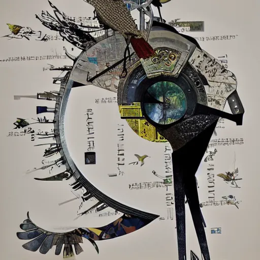 Image similar to a mechanical bird wanders between the cybernetic realms of urban science and social science, collage artwork by dave mckean and ivan shishkin and yoshitaka amano