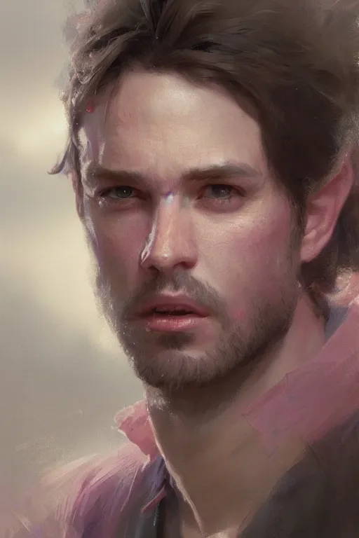 Image similar to painted portrait of realistic wold wearing pink shirt, mature, handsome, blue eyes, intricate, digital painting, artstation, concept art, smooth, sharp focus, illustration, art by gaston bussiere and greg rutkowski