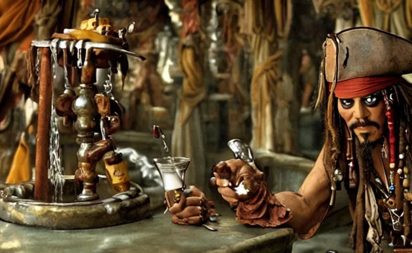 Prompt: a still of jack sparrow in a rum fountain in pirates of the caribbean ( 2 0 0 3 ), old cartoon style,