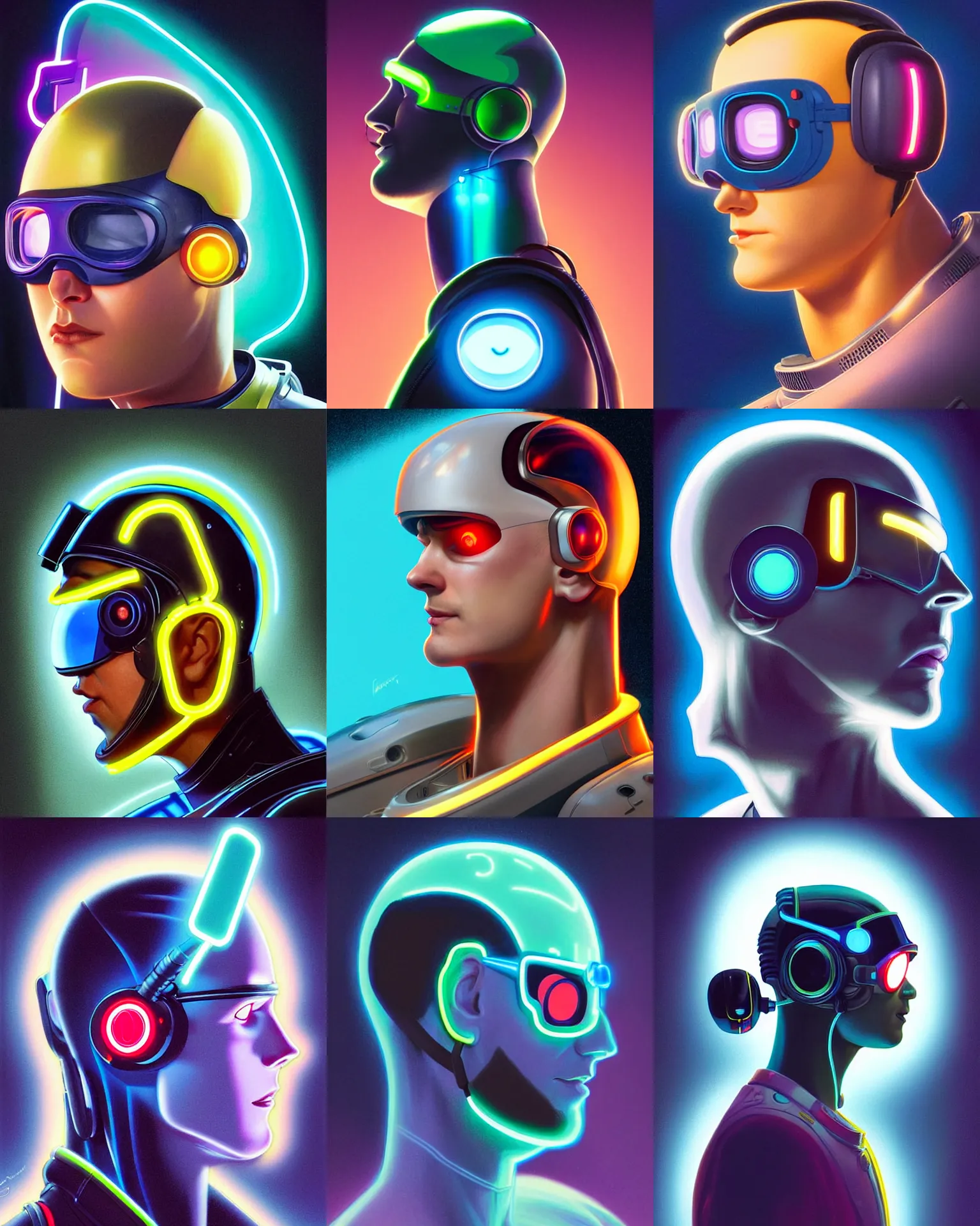 Prompt: pixar character backlit side view future coder man, stylized cyclops display over eyes and sleek glowing headset, neon accents, holographic colors, desaturated headshot portrait digital painting by leyendecker, donato giancola, philip coles, ivan bilibin, john berkey, astronaut cyberpunk electric lights profile