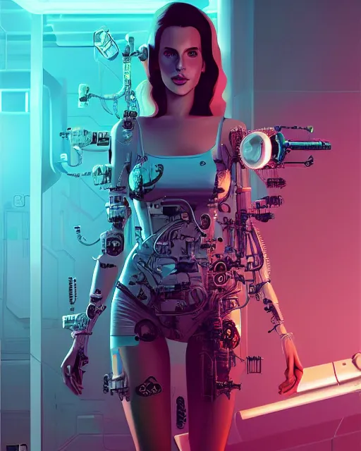 Image similar to portrait of lana del rey as a cyberpunk cyborg. roses, sci - fi, missing panels, intricate abstract upper body intricate artwork, by tooth wu, wlop, beeple, dan mumford. concept art, octane render, deviantart, greg rutkowski, cinematic, key art, hyperrealism, iridescent accents