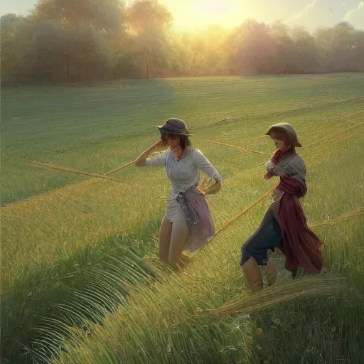 Image similar to ultra realistic illustration of three young friends walking on rails through the fields of hay, sunny summer day, nice mood, highly detailed, digital painting, artstation, concept art, smooth, sharp focus, illustration, art by artgerm and greg rutkowski and alphonse mucha