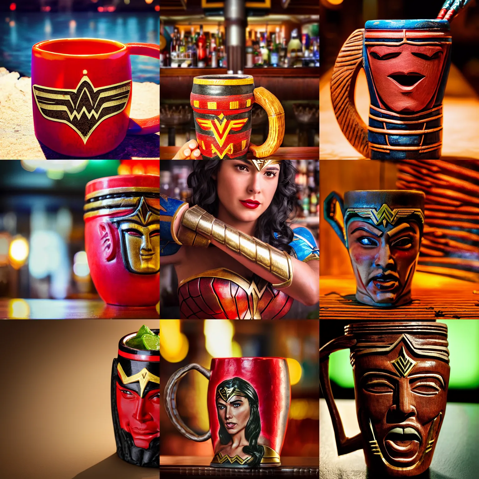 Image similar to a closeup photorealistic photograph of wonder woman tiki style mug at trader vic's bar. brightly lit scene. this 4 k hd image is trending on artstation, featured on behance, well - rendered, extra crisp, features intricate detail, epic composition and the style of unreal engine.