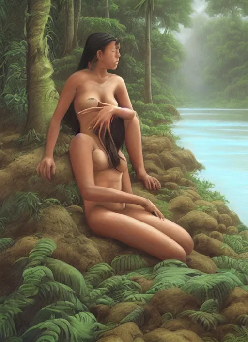 Image similar to a realistic painting of an indigenous woman relaxing near a river in the amazon jungle, highly detailed, trending on devian art, art by christophe vacher