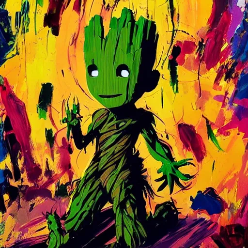 Prompt: a happy baby groot art by ashley wood, jim mahfood, traditional painting, yoji shinkawa, jamie hewlett, 6 0's french movie poster, french impressionism, vivid colors, palette knife and brush strokes, paint drips, 8 k, hd, high resolution print