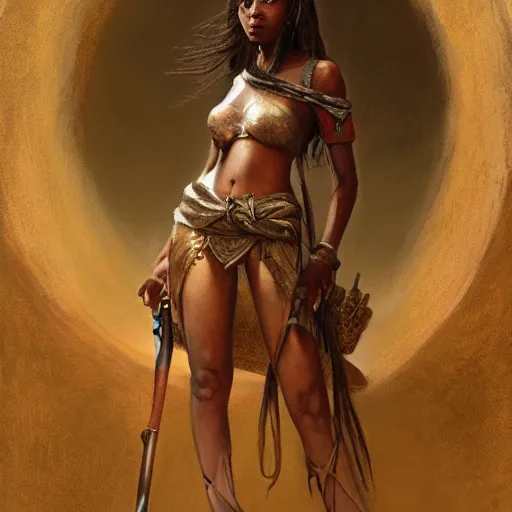 Image similar to artstation concept of a beautiful girl holding a sword in both hands, brown skin, sweaty skin, symmetrical face, casual white garment, brown canyon background, shiny colorful, hyperdetailed, artstation trending, world renowned artists, worth1000.com, historic artworks society, antique renewel, cgsociety, by greg rutkowski, by Gustave Dore, Deviantart