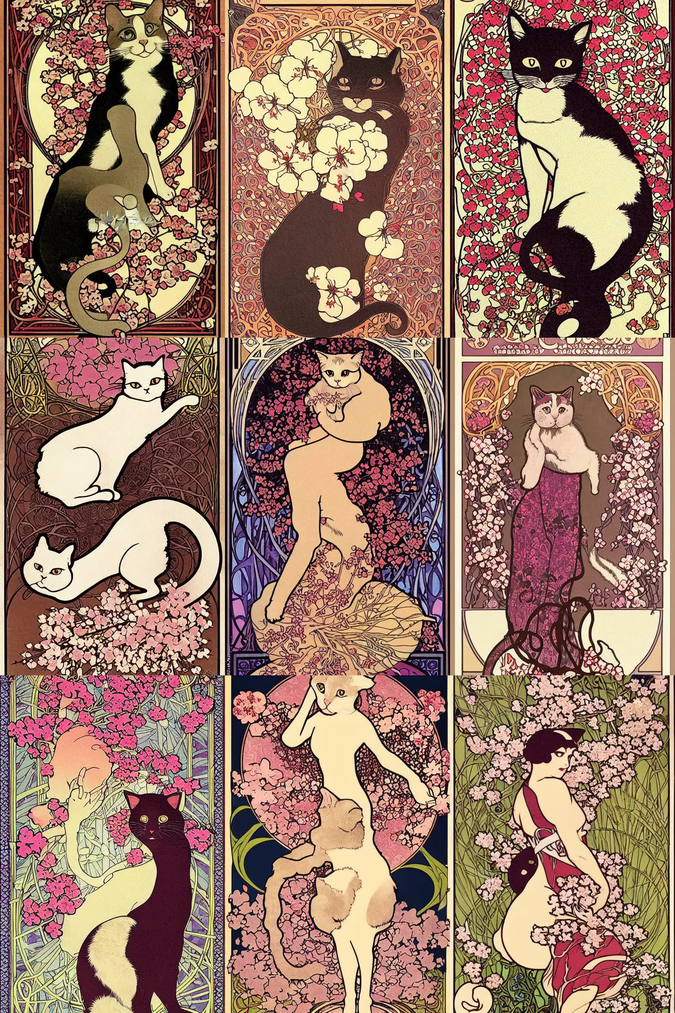 Prompt: Poster illustration of a cat, surrounded by cherry blossom, Art Nouveau by Mucha