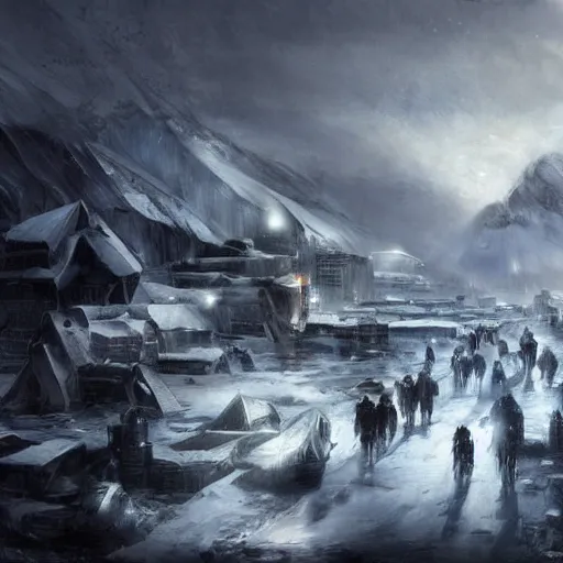 Image similar to ice city in 2 0 8 0, antarctica, technology, fantasy, landscape, 4 k, baptiste monge!!!!!!!!!!!!!!!!!!!!!, dark mood!!! overdetailed art