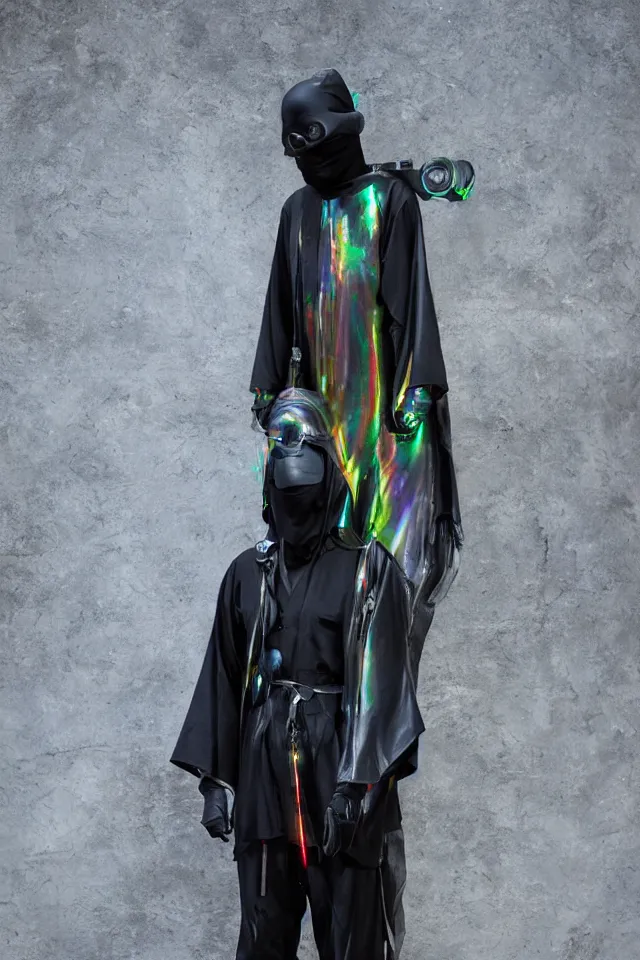 Prompt: androgynous ninja shaman tunic made of latex, radio goggles, techwear, iridiscent fabric, cinematic lighting at night, iridiscent light, wet floors, neon, syd mead, masterpiece