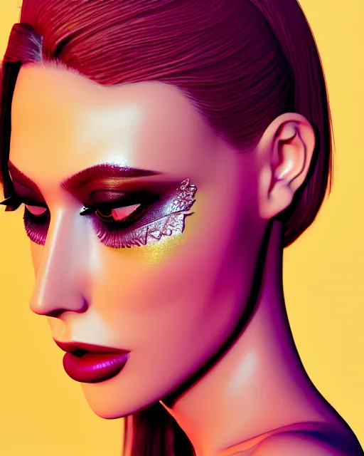 Image similar to beautiful female, attractive facial features, haze, model, intricate, symmetrical face, makeup, sephora, maybelline, studio, reflections, cinematic, filmic, vsco, concept art, artstation, elegant, model, gorgeous, vray, flim, octane render, ambient occlusion, prism details