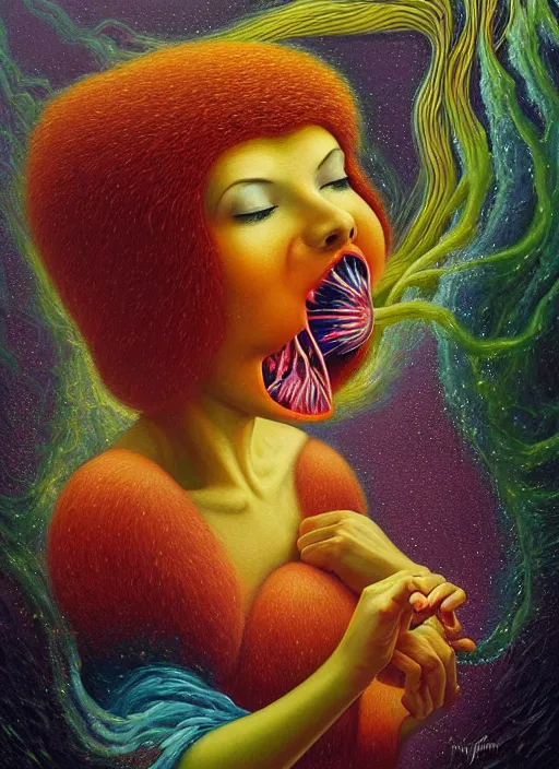 Prompt: hyper detailed Oil painting - Aurora (Singer) Eats of the Strangling Fruit and Her gossamer polyp blossoms bring iridescent fungal flowers whose spores black the foolish stars by Jacek Yerka, Mariusz Lewandowski, Abstract brush strokes, Masterpiece, Edward Hopper and James Gilleard, Zdzislaw Beksinski, Mark Ryden, Wolfgang Lettl, hints of Yayoi Kasuma