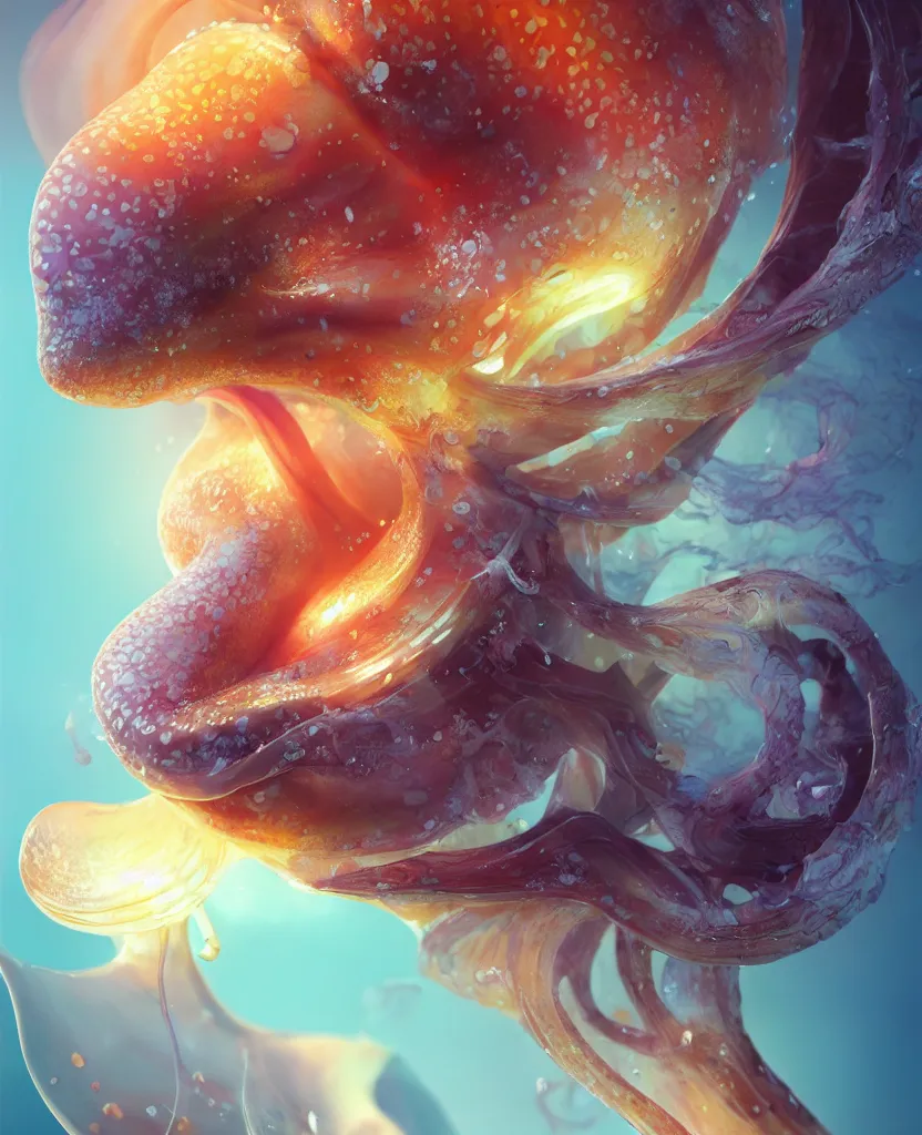 Prompt: 3 d head shot portrait of the face of a beautiful princess, giant orchid flower, depth of field, high contrast and sharpness, jellyfish face skull phoenix bird, translucent, nautilus, smoke and water energy flow. highly detailed, epic. octane render, excellent composition, by wlop, tooth wu, greg rutkowski, beeple