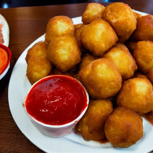 Image similar to food photo of channing tatum's face as giant tater tot on a plate with ketchup